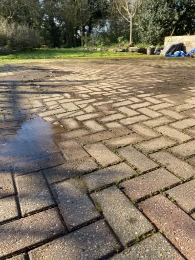 Driveway part-way through cleaning, a cleaned strip running beside the untouched paving