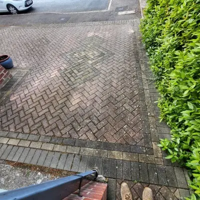 Decorative block paving driveway greened over, pattern barely visible