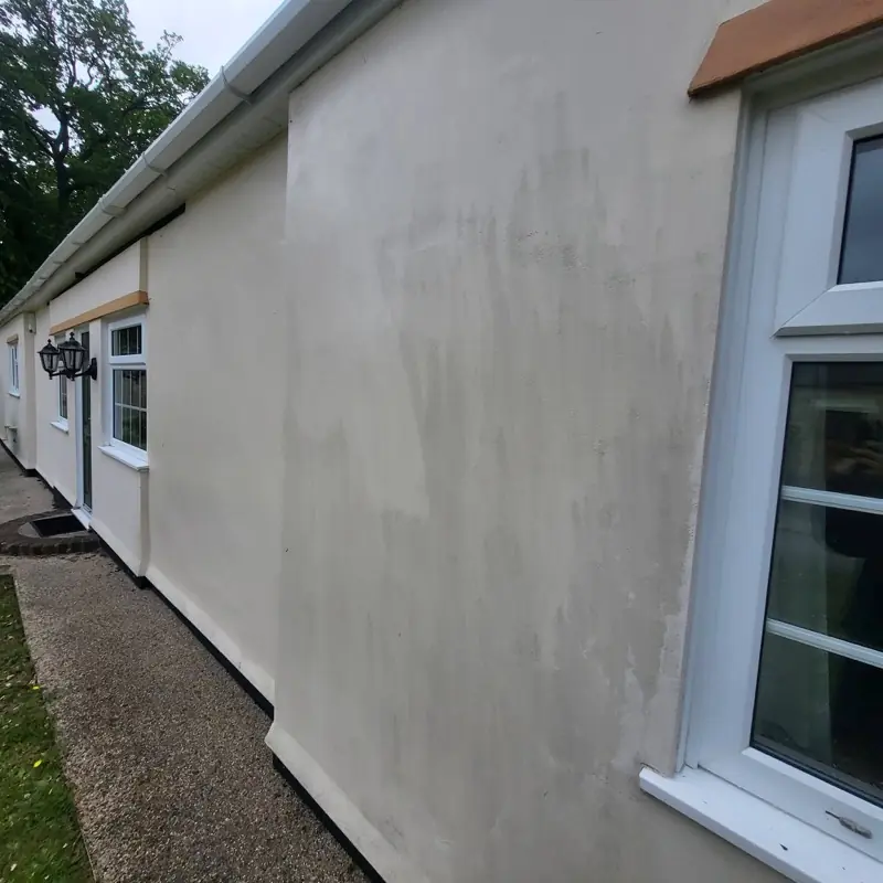 Rendered wall greyed over with a broad band of algae before cleaning